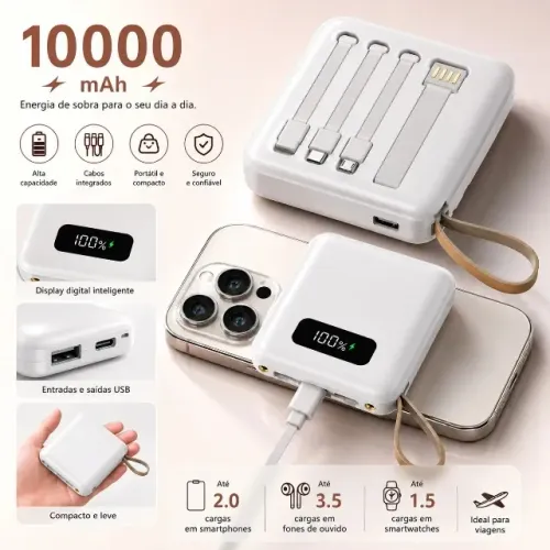 Power Bank 10.000mAh | 4 Cabos Integrados, Display Digital e Lanterna LED Preto | NOVO