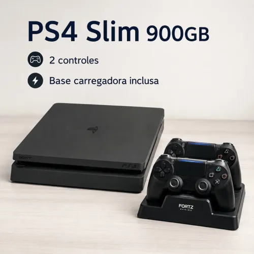 PS4 Slim 900GB Com 2 Controles e Base de Carregamento
