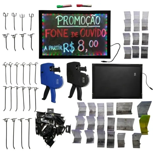 Kit para Montar Loja: Painel LED, Displays, Ganchos e Etiquetadoras
