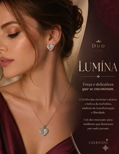 Duo Lumína Ródio Branco - Coração Borboletas Zircônia | Kit Presente Celestini