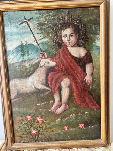 Quadro Sacro Antigo Estilo Escola Cusquenha - Menino Jesus e o Cordeiro (57x42cm)