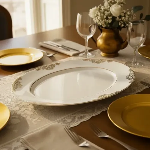 Travessa Oval Porcelana Real - Vintage Anos 50 - 32 Cm Branco E Dourado
