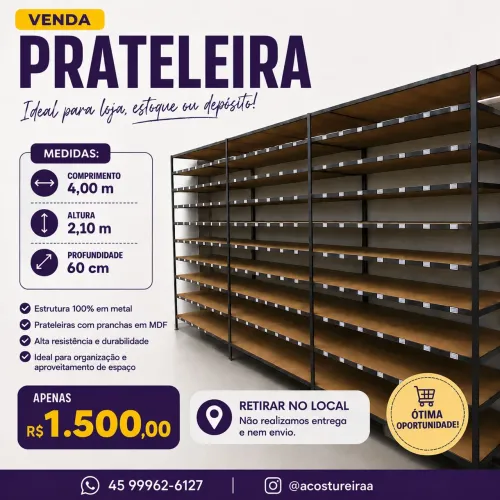 Prateleira metal/MDF 4mt C x 2,20 A x 0,60 L