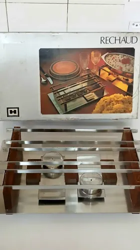 Rechaud de Mesa Hércules Anos 70 - Inox e Madeira - Caixa Original 
