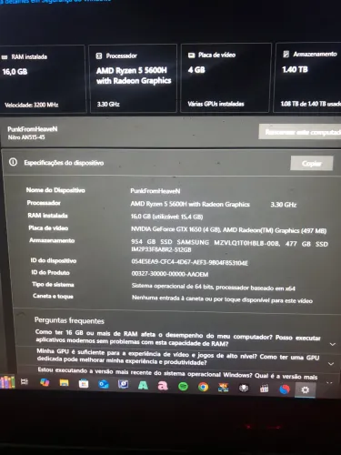 Notebook Acer Nitro5 GTX 1650/ PERFEITO ESTADO DE FUNCIONAMENTO