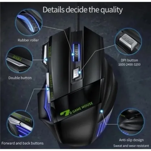 Mouse Gamer 2400 DPI Ajustável - 7 Botões, LED RGB, Ergonômico, Antideslizante, Ideal para