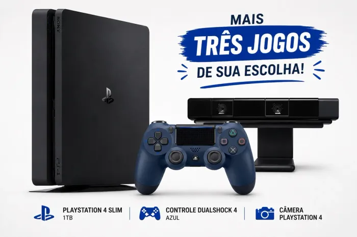 PS4 Slim 1TB + Controle Azul + Câmera + 3 Jogos à Escolha