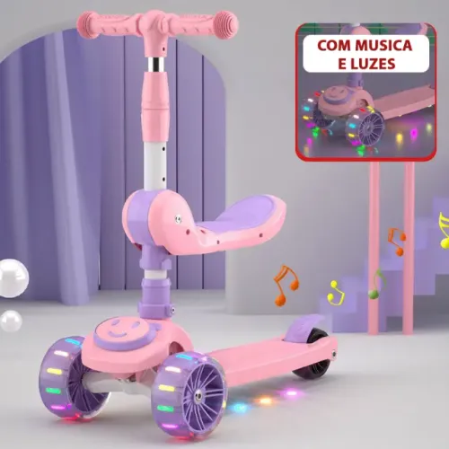 Patinete Infantil 3 Rodas Led Musical Ajustável Dobrável Scooter Crianças Guidão Ajustável