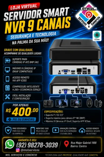 Servidor Smart NVR 9 Canais - Para Câmeras IP Onvif até 8MP (4K) Compatível com APP CSee