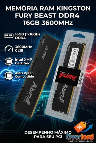 Memória Ram Kingston FURY Beast DDR4 16 GB (1X16GB) 3600MHz (USADA PRA TESTES)