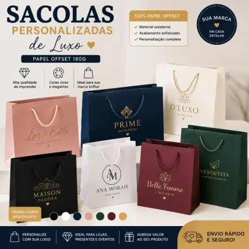 Sacola Personalizada de Luxo com Logo | Papel Offset 180g | Empresas e Eventos - 20 UND