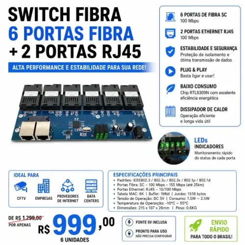 Switch Fibra Óptica 6 SC + 2 RJ45 100Mbps | Kit 6 Unidades