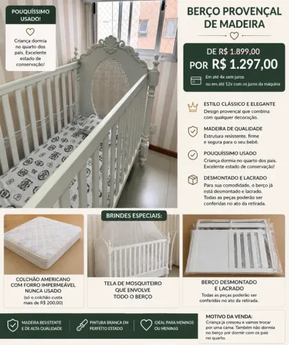 Berço Provençal de Madeira Maciça Branco + Colchão Novo + Mosquiteiro | Pouquíssimo Usado