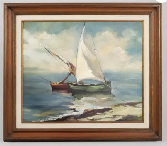 quadro com uma pintura a óleo sobre tela de estilo clássico, retratando uma cena de marinh
