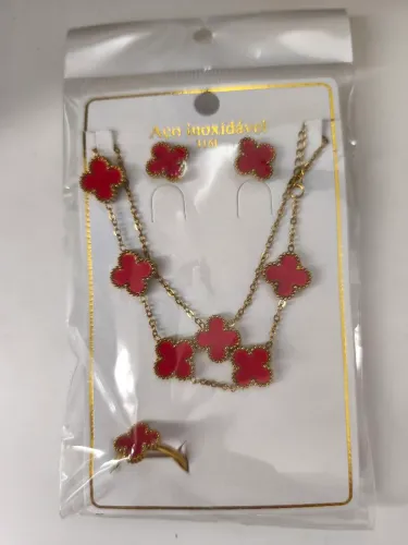 Colar Conjunto Trevo Vermelho Aço inox 