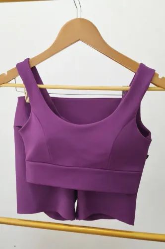 Conjunto Kit Short com Bolso + Top Bojo Fitness Academia Treino , ROXO/MARROM