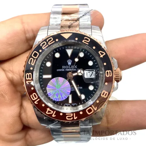Relogio Rolex GMT Master II Premium Misto com Mostrador Preto Bezel 