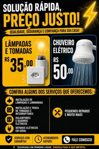 Eletricista, instalação de tomadas luminária e chuveiro elétrico ele