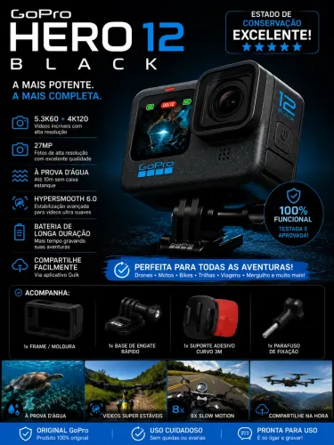 GoPro Hero 12 Black + Frame moldura + Suportes | Excelente Estado