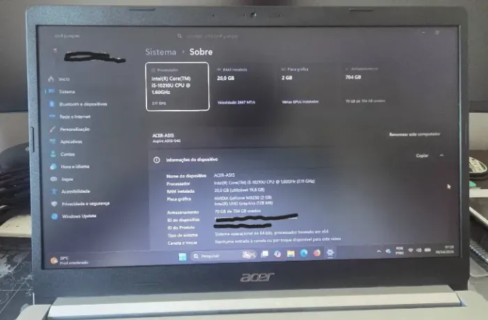 Notebook Acer Core I5 20GB Placa de vídeo 2GB NVME 256GB