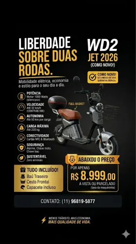  SCOOTER ELÉTRICA : WD2 JET 2026 -BATERIA REMOVÍVEL - SEMI NOVA