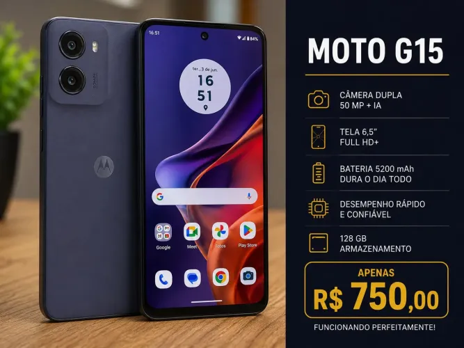 Vendo celular moto g15 valor 750 funcionando tudo perfeitamente com nota fiscal