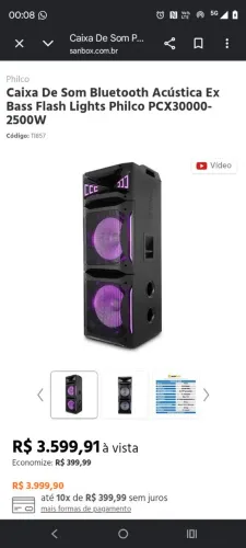 Caixa De Som Bluetooth Acústica Ex Bass Flash Lights Philco PCX30000- 2500W<br>Código: TI857