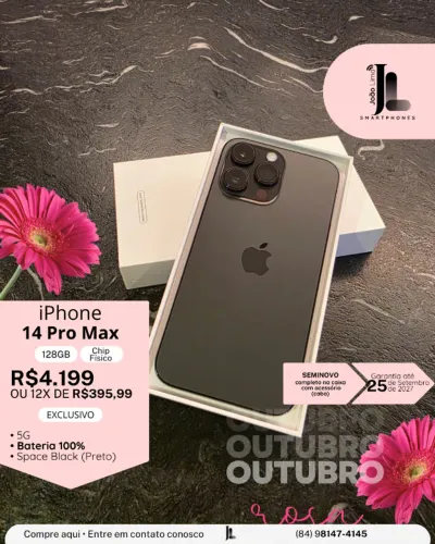 IPHONE 14 PRO MAX, 5G, 128GB, CHIP FÍSICO, SPACE BLACK, SEMINOVO NA GARANTIA , EXCLUSIVO!