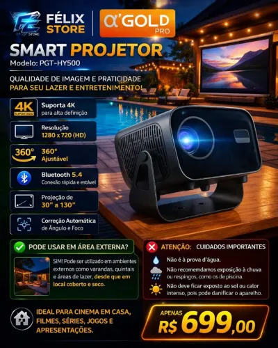 Projetor Smart HY500 4K Bluetooth 120" Cinema em Casa Portátil