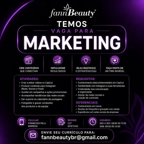 Vaga para Assistente de Marketing | FannBeauty | CLT