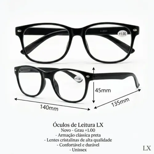 Óculos elegante, aro preto, grau 1. Design moderno e discreto, ideal para o dia a dia.