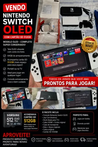 Nintendo Switch OLED - Modelo Branco - Impecável + Acessórios Completos!