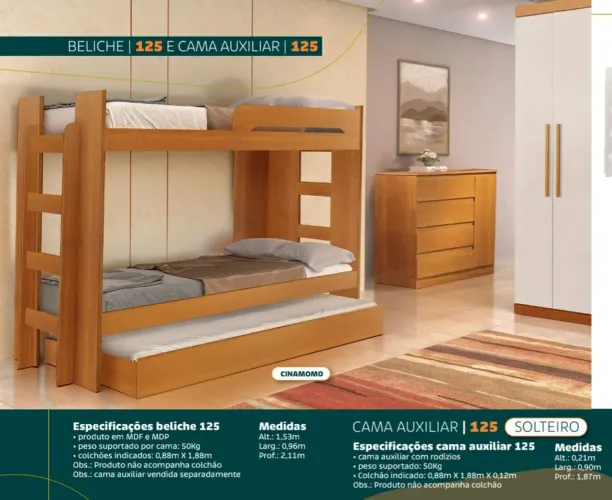 Beliche com cama auxiliar pronta entrega