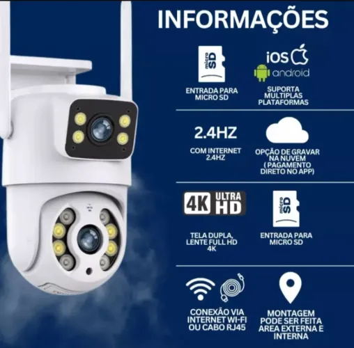 Câmera de Segurança 2 em 1 Wi-Fi 4K Ultra HD com Visão Noturna