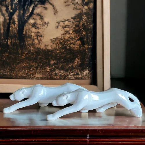 Escultura Jaguar Branco em Cerâmica 35cm NOVO