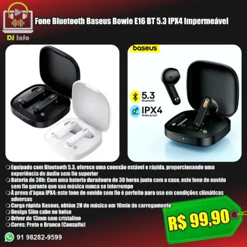 Fone Bluetooth Baseus Bowie E16 BT 5.3 IPX4 Impermeável