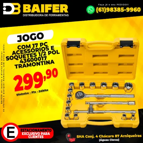 Jogo Com 17 Peças de Acessórios e Soquetes 1/2 Pol 43600017 Tramontina
