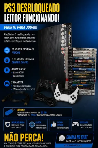 PS3 DESBLOQUEADO EM ÓTIMO ESTADO, COM LEITOR FUNCIONANDO +2 CONTROLES +18 JOGOS FÍSICOS