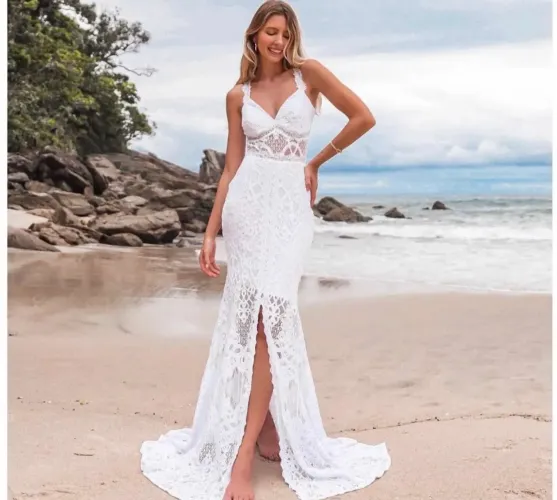 Vestido renda sereia branco casamento civil M 