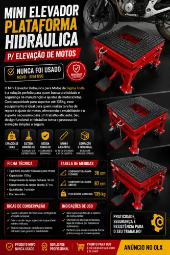 Mini Elevador Hidráulico para Motos Sigma Tools 135kg - NOVO, NUNCA USADO