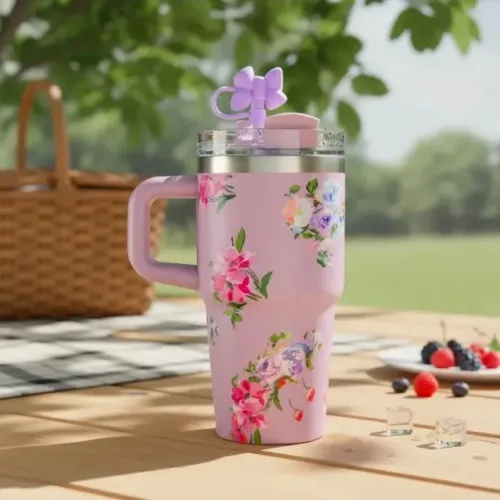 Copo Térmico Floral 550ml Com Alça Canudo E Protetor Laço Lilás