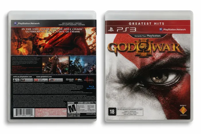 Este é o jogo God of War III em mídia física para o console PlayStation 3.