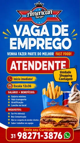 Vaga para Atendente e Auxiliar de Cozinha - Shopping Contagem