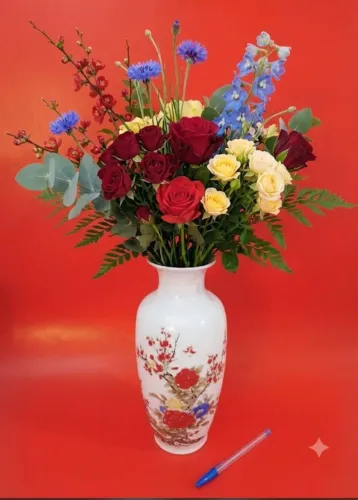 Vaso importado estilo oriental chinês de porcelana esmaltada 27cm X 13cm