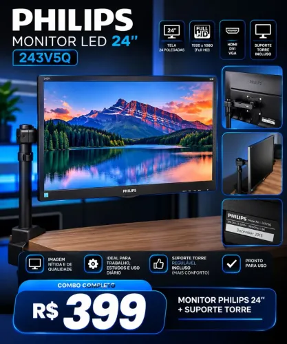 Monitor Philips 24? Full HD + Suporte Torre Articulado