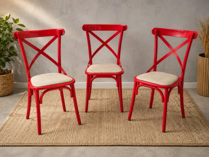 Kit 3 Cadeiras Vermelhas Estilo Bistrô com Assento Estofado - Design Retrô