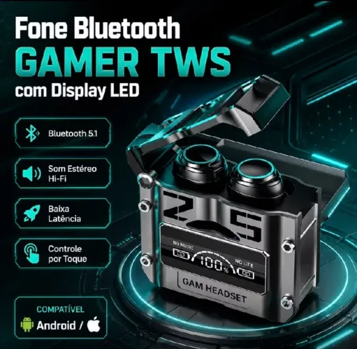 Fone de Ouvido Bluetooth TWS M25 Gamer com Display LED
