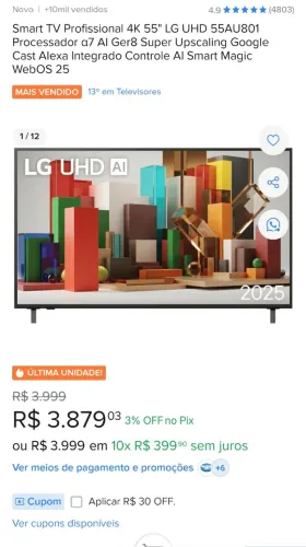 Smart TV LG 55" 4K 55AU801 - Na Caixa, Garantia de Fábrica e Nota Fiscal