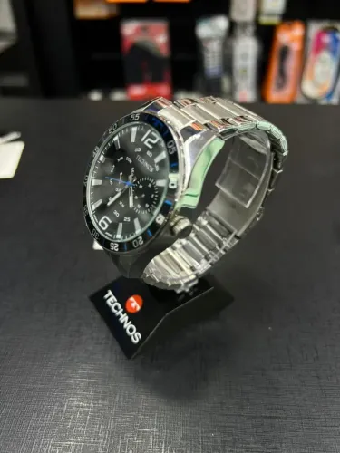 Relógio Technos Masculino Multifuncional Aço Inox Preto com Azul - Original