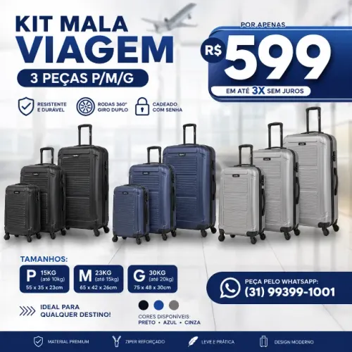 KIT MALA VIAGEM 3 PEÇAS ? P, M E G